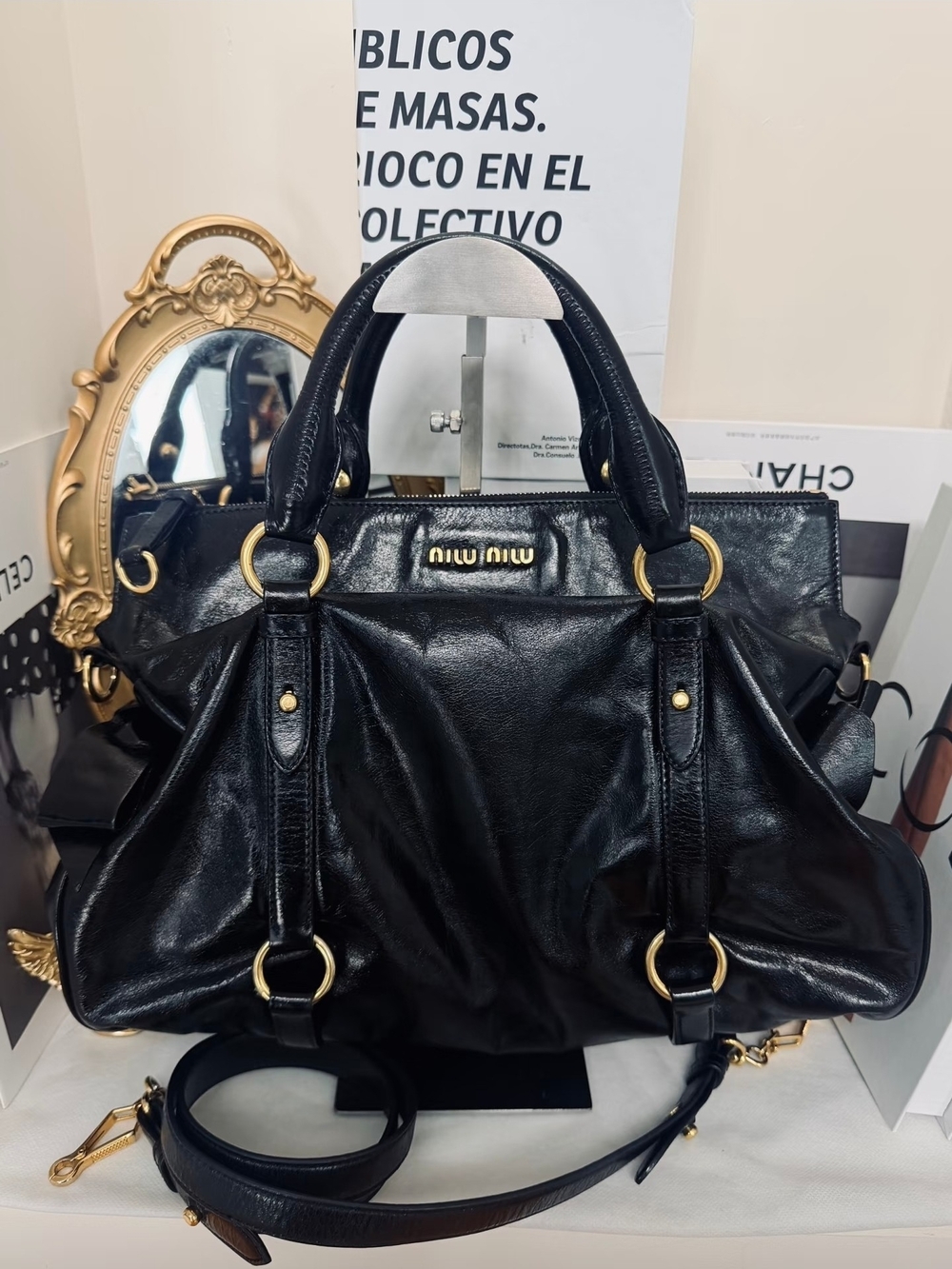 Miu Miu Vitello Shine Lux Bow Leather Satchel with Gold Accents